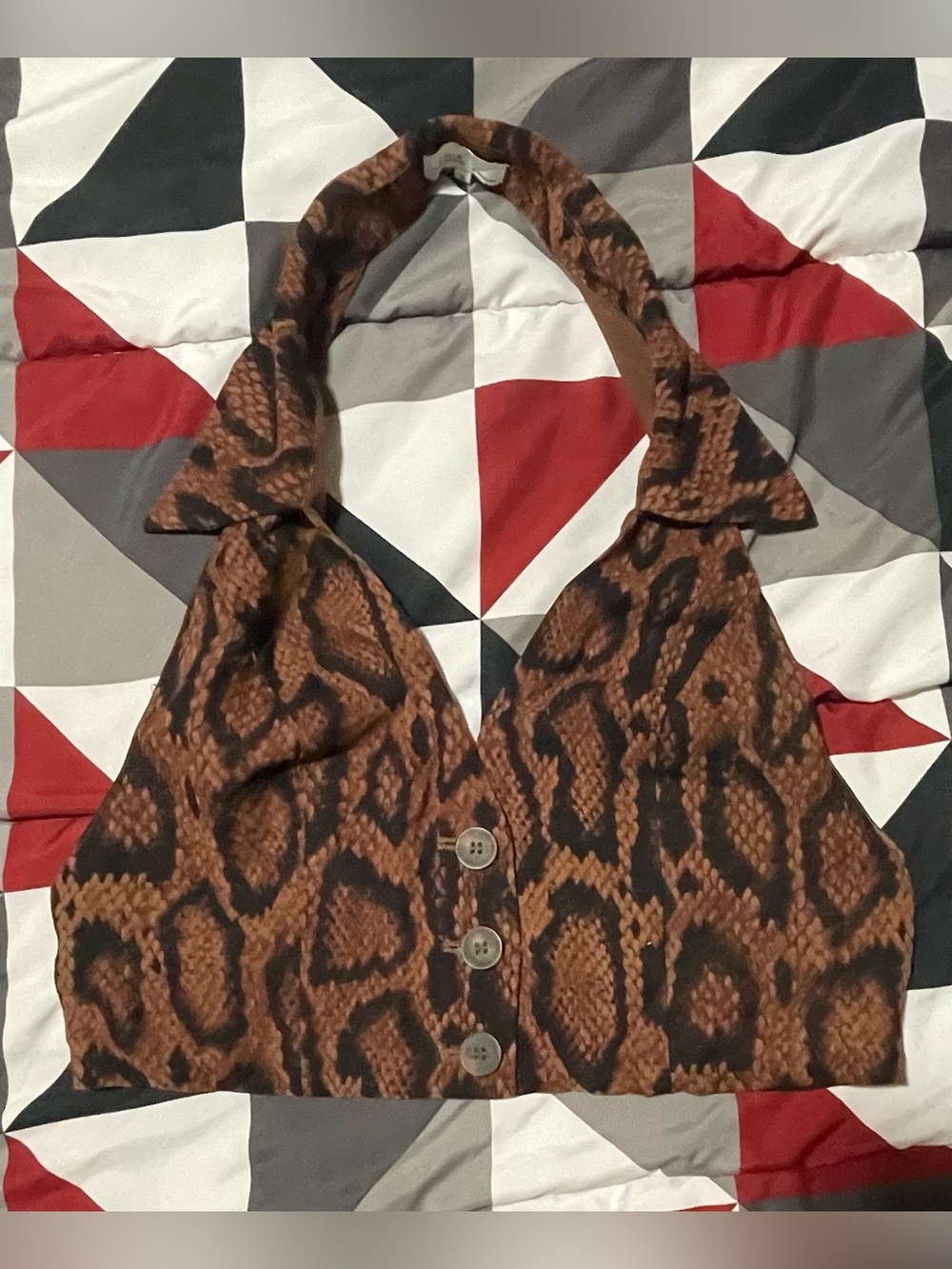 DANIELLE BERNSTEIN Brown Snake-Print Halter Crop Top